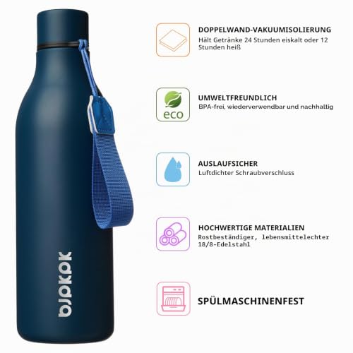 BJPKPK Isolierte Wasserflaschen, 750 ml Edelstahl Metall Trinkflasche Mit Trageriemen, BPA Frei Wasserdicht Thermos, Flaschen… – Ansicht 2