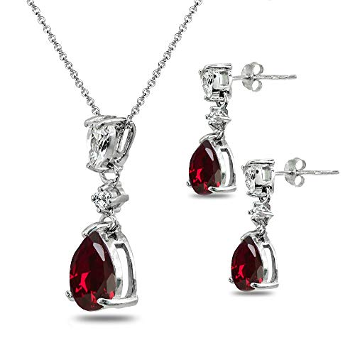B. Brilliant Sterling Silver Synthetic Ruby & White Topaz Pear-Cut Teardrop Dangling Stud Earrings & Necklace Set #TOP4