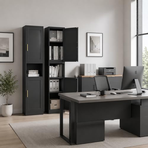 Image of Tall Narrow Pantry Cabinet for Kitchen, 67 inch H Metal Storage Cabinets with Doors and 3 Adjustable Shelves for Dining Room, Living Room and Home Office (16 inches Wide Black)