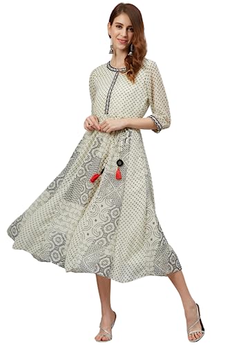 Image of Juniper Women's Ivory Georgette Printed Anarkali Kurta with Embroidered Neckline (PP)