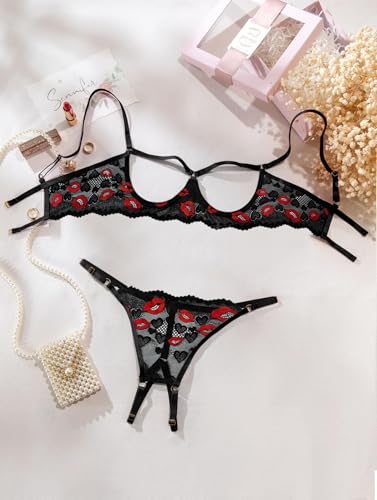 Image of Lilosy Sexy Underwire Floral Lace Sheer Lingerie Set for Women See Through Bra and Panty 2 Piece