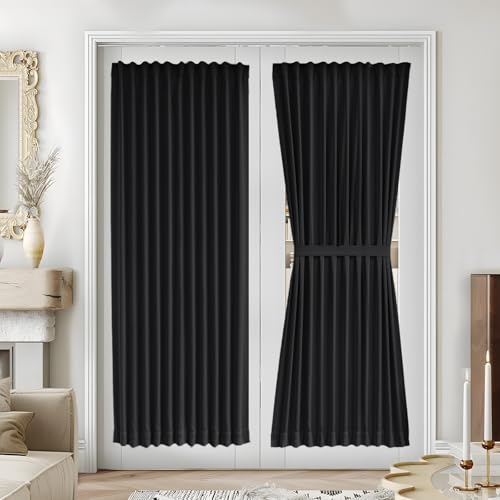 Vatge Black French Door Curtain - Thermal Insulated Thick Rod Pocket Blackout Drape for Glass/Patio/Sidelight/Sliding Door, 1 Panel, W54 x L72, Black