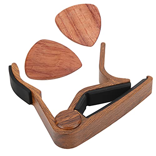 Guitar Capo, Solid Wood Si lica Gel Clamp Clamp Ergonomics with 2 Picks, Capo Trigger Tension Adjust