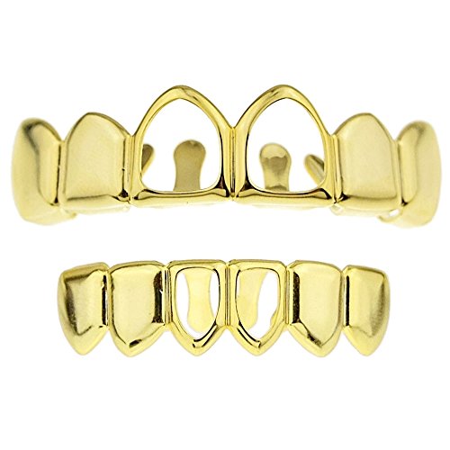 14k Gold Plated Two Open Face Front Tooth Grillz Set Top & Bottom Teeth Row Hip Hop Mouth Grills