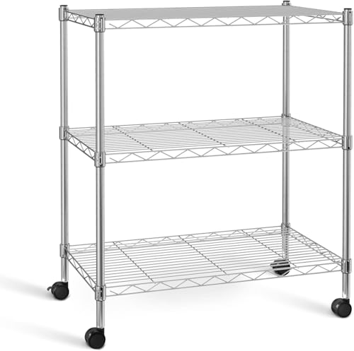 Simple Deluxe Heavy Duty 3-Shelf Shelving with Wheels, Adjustable Storage Units 750Lb Capacity, Steel Organizer Wire Rack, 24.02”L x 13.78“W x 31.89”H, Chrome
