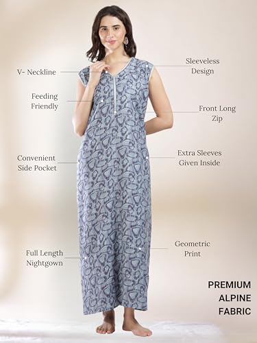 Image of 9shines Label Alpine Sleeveless Nighty | All Over Print Maxi for Women | Night wear for Women | Full Length Night Gown for Women | Night Dress for Women Stylish (Alpine Sleeveless 24)