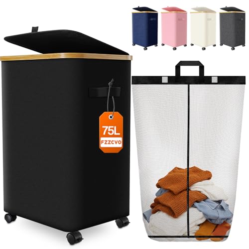 Image of Laundry Hamper with Wheels, 75L Large Clothes Hamper with Removable Inner Bag, Collapsible Dirty Clothes Basket for Dorm, Rolling Dirty Clothes Basket for, Bedroom, Bathroom, Laundry Room
