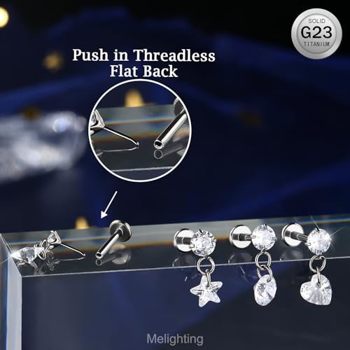 MeIighting 16G Dangle Threadless Earring Titanium G23 Tragus Stud Clear CZ Flat Back Star Helix Piercing Jewelry Cartilage Jewellery for Women 6 mm by Melighting - Image 6