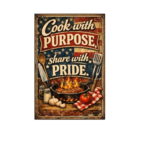 Cook With Purpose Share With Pride Vintage Tin Sign Rustic Kitchen Wall Decor Metal Plaque Patriotic Cooking Art Grill Skillet Utensils Cafe Restaurant 8x12 Inch Pre Drilled Holes