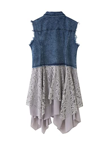 FindThy Women’s Denim Vest Sleeveless Ripped Draped Patchwork Cardigan Jean Vest with Irregular Lace Extender Hem3