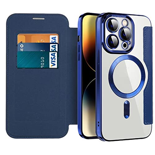 Étui rabat iPhone 14 Pro Max cuir avec chargement sans fil magnétique navy