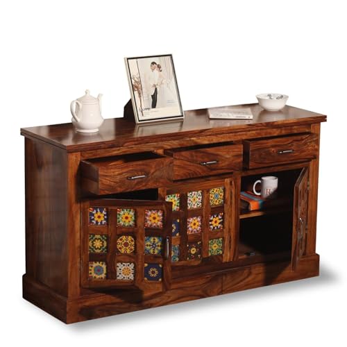 Image of Solid Sheesham Wood Sideboard Cabinet Storage with 3 Door & 3 Drawer Wooden Storage Organizer Cabinet for Home Kitchen Living Room Bedroom Hallway Dinning | Natural Honey Finish | Pre-Assembled