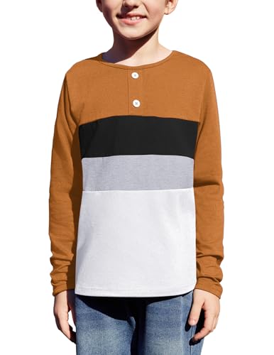 Arshiner Kids Boys Henley Shirts Cotton Long Sleeve Crewneck T-Shirts Color Block Tee Tops 3-12 Years