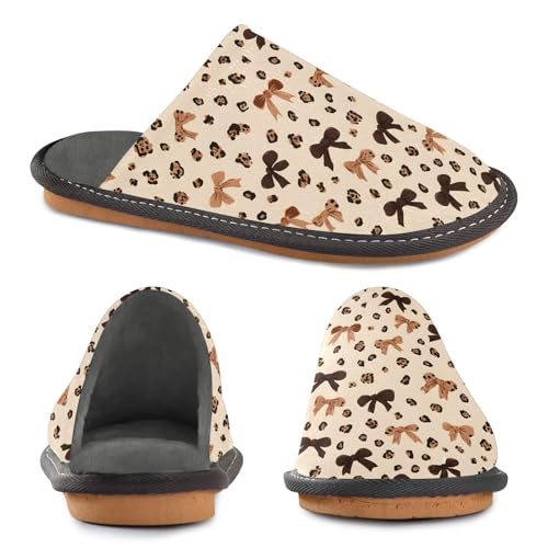 Slippers for Women Brown Leopard Print Bow Pattern Soft Winter Warm Shoes Indoor Outdoor Non-Slip House Travel Slippers4