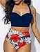 B/H Maillot de Bain Natation Imprimer Vintage,Bikini Sexy Taille Haute, Maillot de Bain Femme Taille Plus-Blue_S,Tankini Elégant Imprimé Maillot de Bain