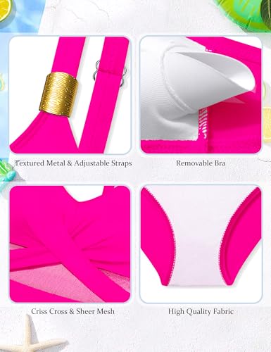 Image of Girls Swimsuit Criss Cross One Piece Swimsuits Wrap Tie Back Sheer Mesh Bathing Suit with Gold Metal Swimwear 9-16Y
