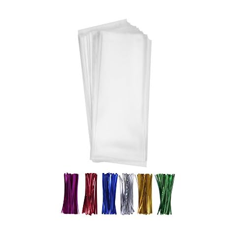 200 Clear Small Narrow Candy Cello Treat Bags 2x10 with 4" Twist Ties 6 Mix Colors - 1.4mils Thickness OPP Poly Bags for Birthday Favor Candles Pretzel Icy Candy Popsicle (2'' x 10'') Cover