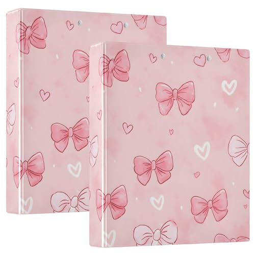Image of White Pink Bow Heart 3 Ring Binder with 2 Interior Pockets 1.5 inch Binders 3 Ring Heavy Duty Fit 8.5 inch x 11 inch Letter Size for Office School, 2 Pack