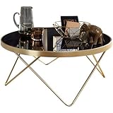 MATERIAL & FARBE ✔ Das Gestell besteht aus matt gold lackiertem Stahl. Die Ablage bestehen aus schwarzem Sicherheitsglas.