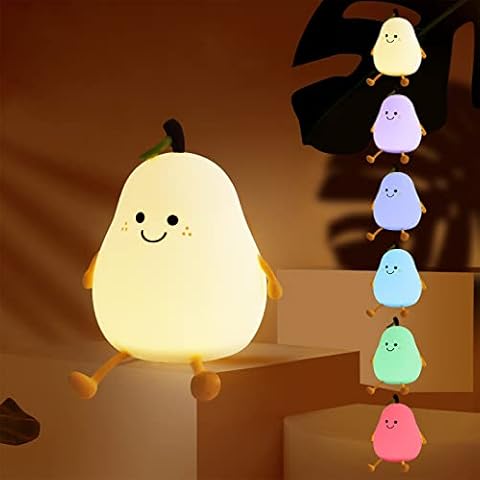 NAVESO Cute Pear Shape Baby Night Light with 7 Light Changes & Touch Sensor & USB Charging (1200 mAh) & Timing Function Bedside Lamp Nursery Decoration Gifts, Sleeping Silicone Night Light Children Cover