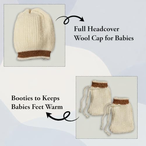 Image of Baby Unisex New Born Baby Boys Girls Soft Comfortable Trendy Woolen Round Neck Stripe Sweater Set with Payjami, Cap and Pair of Booties for Toddlers
