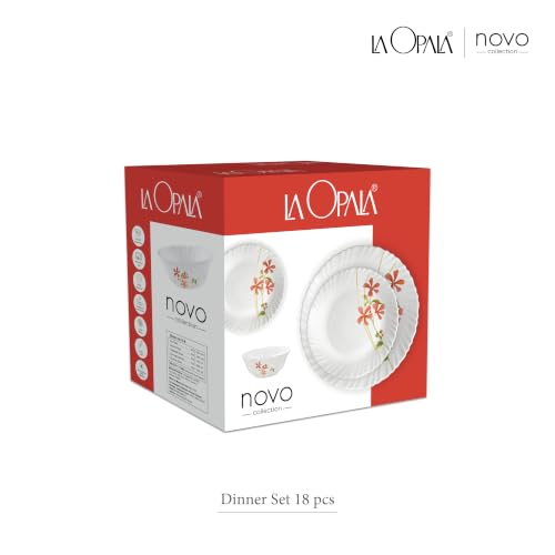 Image of La Opala Opal Glass Crockery | for Family of 4 | Dinner Set 18 pcs Spring Meadows | Plates & Bowls for Dining | Microwave Safe | 100% Vegetarian | Extra Strong | Extra Light & White