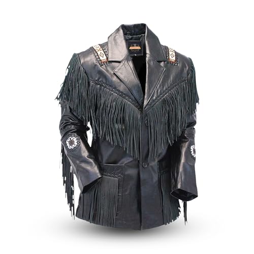 Men's Fashion Western Genuine Cowhide Leather Jacket | Native American Cowboy Coat with Fringed - Black