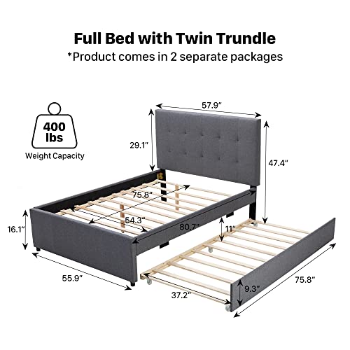 civama Full Bed Frame with Trundle, Upholstered Platform Bed Under Twin Trundle Bed, Modern Linen Bed Foundation with Padded Headboard Easy Assembly, Wood Slat Support, No Box Spring Needed, Grey