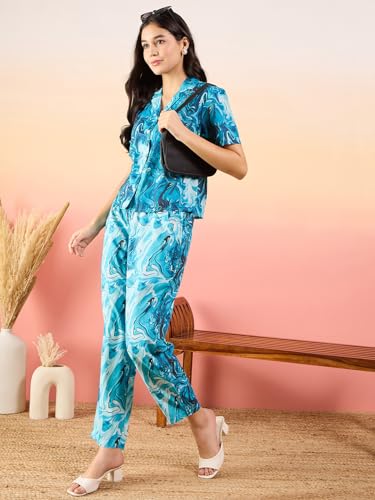 Image of Modeve Women Shirt Pant Navy Abstract Print Co-Ord Set