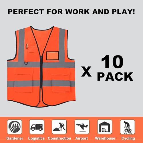 Image of 10 Pack Reflective Safety Vests with Pockets & Zipper, High Visibility Orange Construction Vest for Men Women, Durable ANSI Class 2 Work Vest Strips Vests for Outdoor Work