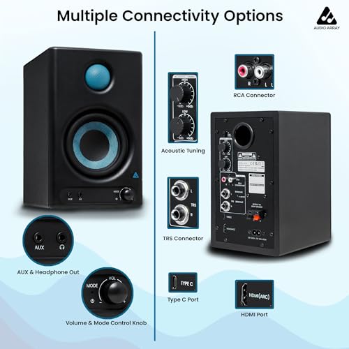 Image of Audio Array 60W Bluetooth Bookshelf Speaker Pair | 1.5 inch Silk Dome Tweeter, 4 inch Sub Woofer | Music & Monitor Mode | Aux, HDMI, USB-C, TRS & RCA Connectivity (AMS1)