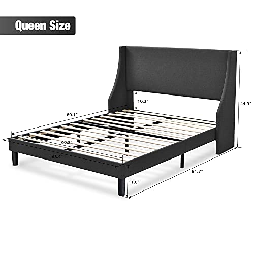 Einfach Queen Size Platform Bed Frame With Wingback Headboard/Fabric Upholstered Mattress Foundation With Wooden Slat Support, Dark Grey #TOP1