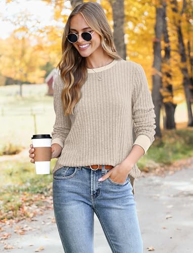 Saloogoe Sweaters for Women Long Sleeve Shirts Fall Outfits 2025 Tunic Tops Loose Fit Crewneck Color Block Ribbed Collar4