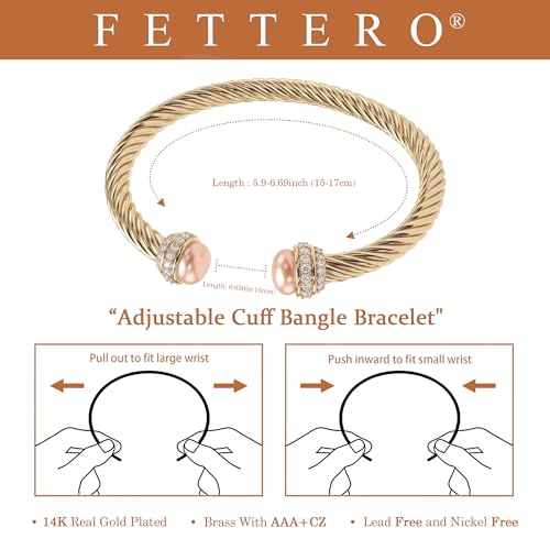 Image of Fettero Gold Cuff Bangle Bracelets for Women - 14K Plated Adjustable Open Cuff Gold Bangles Charm Elegant Twisted Cable Bangle Friendship Bracelets Lightweight Bracelet for Dainty Jewelry