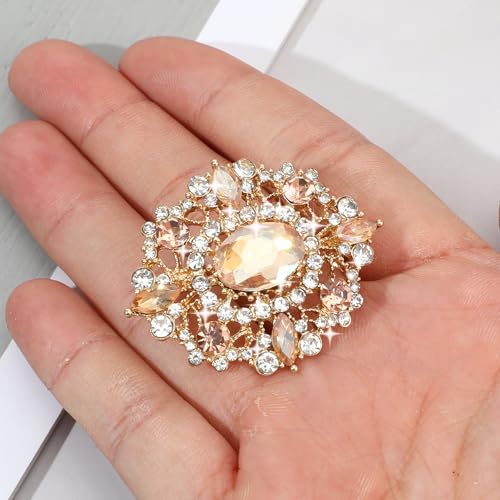 Image of Gold Crystal Brooch, Champagne Gold Small Brooches Pin for Women, Vintage Diamante Elegant Brooches for Clothes, Sweater, Coat, Scarves, Dress, Wedding, Bridal