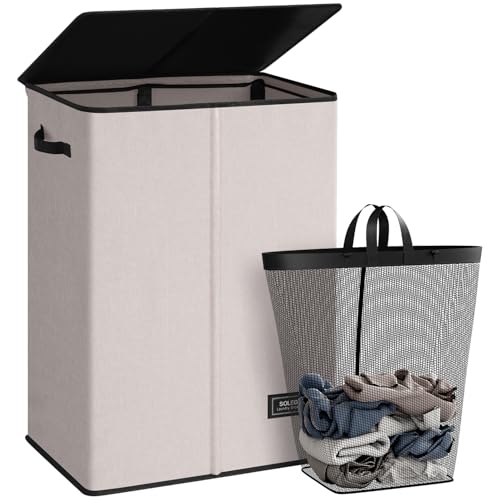 SOLEDI Cesta grande de 130 litros con tapa, cesta de lavado para lavandería, canasta plegable para la ropa sucia, cesta resistente con bolsa de lavandería extraíble, hermoso y elegante cubo de