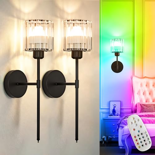Image of Depuley Wall Sconces Battery Operated: Set of 2 Wireless Crystal Wall Lights with Remote for Bedroom - Rechargeable 15 Colors Black Wall Lamp for Living Room Hallway Home Decor