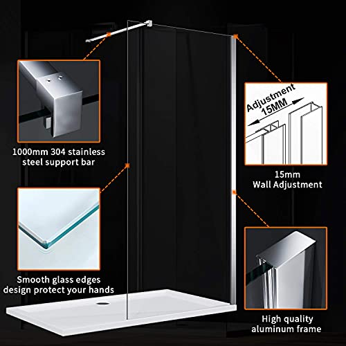 ELEGANT 1000x1900mm Bathroom Walkin Shower Screen Wet Room Enclosure Cubicles 8mm Clear Easy Clean Safety Glass Bath Shower Screens Panel with Chrome Support Bars