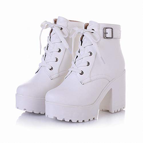 Latasa Women's Platform Boots Block Heel Lace up Ankle Booties (8, White)