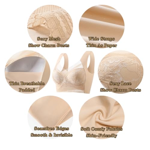 Image of WOWENY Seamless Lace Bras for Women Wirefree Comfortable Mesh Padded Soft Back Smoothing Bra