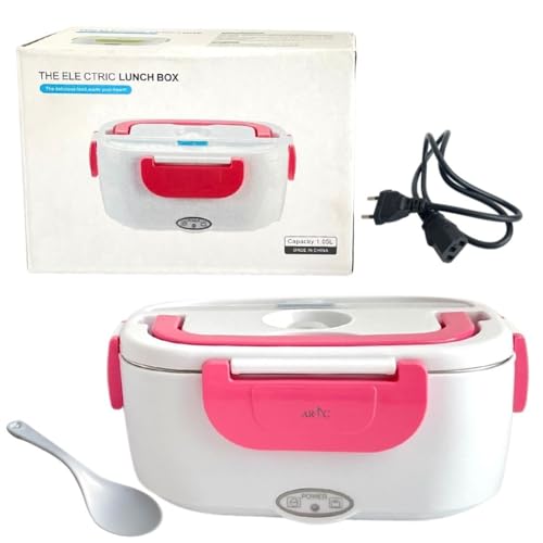 ARTC Electric Lunch Box 1.05L Portable Food Warmer with Removable Plastic Container Leak-Proof Design Spoon & Power Cable for Office Travel and School (Pink)