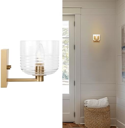 Scott Living 1-Light Lochdale Modern Wall Sconce in Satin Brass Finish with Clear Ribbed Shade DJV1111SB, Stylish Wall Light Enhances Bedroom and Bathroom Wall Decor with Elegant Vanity Lighting