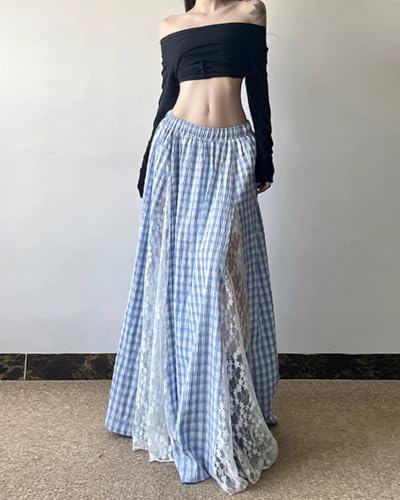 Women's Summer Plaid Maxi Skirt Lace Flowy Skirt Elastic Waist Pleated Long Skirts3