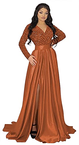 YMSHA Women's Sparkly Sequin Prom Ball Gown with Pockets Long Sleeve Satin Formal Evening Dress with Slit YMS224