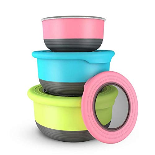 EFISH Portable Stainless Steel and Silicone Round Food Storage Box with Silicone Lid,BPA Free,Slip Resistant Bottoms,Reusable Snack Nesting Lunch Box for Kids & Adults-3 Set