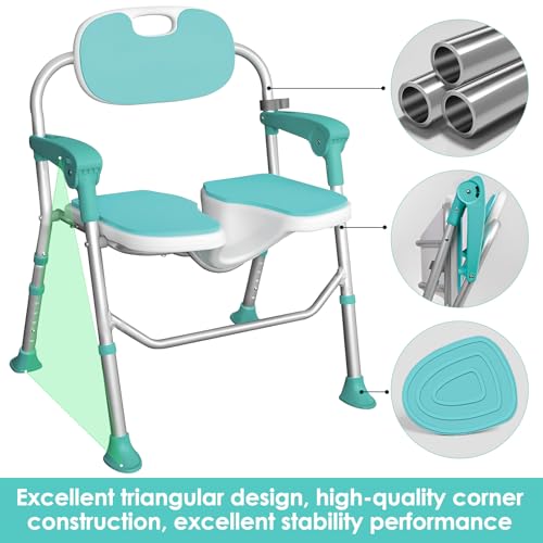 Folding Shower Chair with Arms & Back Support, 350LB Capacity, 5-Level Adjustable, Non-Slip Feet, Privacy Cutout, Heavy Duty Bath Stool for Elderly, Disabled, Seniors & Pregnant Women