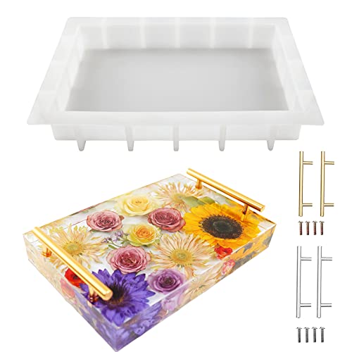 JEYUQAXY Large Silicone Tray Molds for Resin 13.5X9.5 Deep Rectangle Epoxy Tray Molds with 4pcs Gold & Silver Handles Resin Table Mold for River Board Table DIY Art Home Decoration