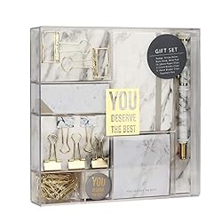 Marble stationery set with paperclips, notecards, pen and binder clips.