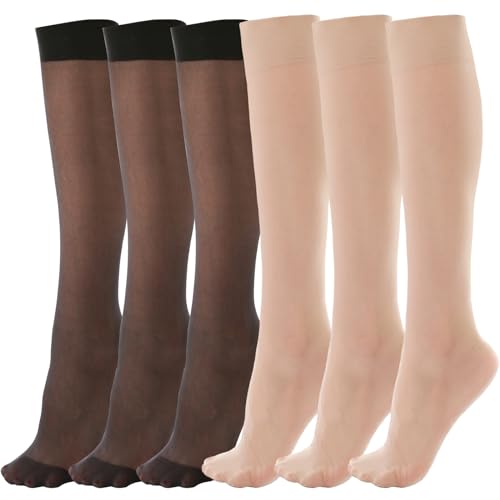 6 Pairs Knee High Stockings for Women, 20 Denier Nylon Sheer Socks with Reinforced Toes Black Nude One Size