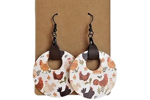 Dangle Rooster Earrings - Rooster Lady Earrings with Faux Leather Tab